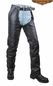 Men's Motorcycle Black Naked Cowhide Leather Chaps w/ Multiple Pockets & Lining - Bild 1 von 7