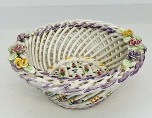 Vtg Woven Lattice Bowl Basket Floral Twisted Porcelain Ceramic Spain 3"TallX6.5" - Picture 1 of 12
