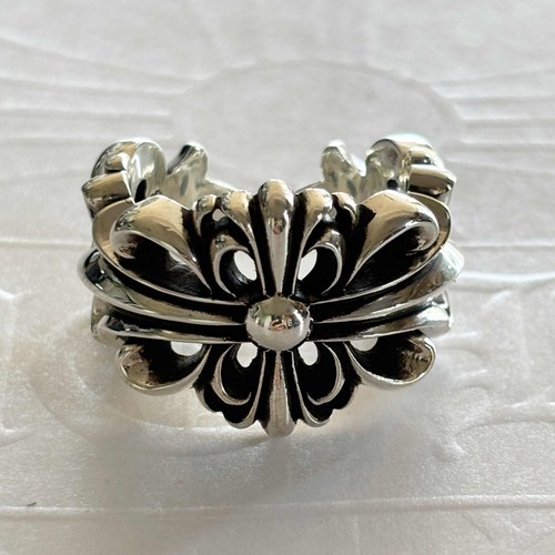 CHROME HEARTS Anello aperto doppia croce floreale cuori cromati misura 10