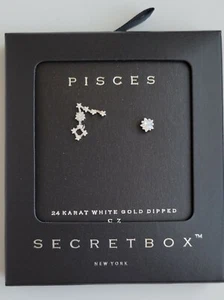 SECRET BOX Pisces 14K White Gold Dipped Zodiac earrings w/ Cubic zirconia - Picture 1 of 2