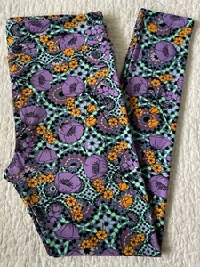 LuLaRoe Leggings TC Purple Poppies Berries Orange Flowers VTG Floral Black - Picture 1 of 2