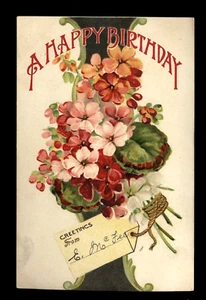 VINTAGE 1910 GREETINGS POSTCARD A HAPPY BIRTHDAY POSY OF COLORFUL PINK FLOWERS - Picture 1 of 1