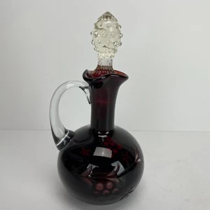 Vintage Red Glass Cruet Etched Cut to Clear Oil Vinegar Ewer w Nubby Stopper - Picture 1 of 15