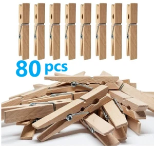 80x Clothes Pins Heavy Duty Outdoor with Spring, Wooden Clothespins for Crafts - Picture 1 of 8