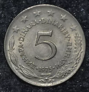 1975 Almost Uncirculated 5 Dinar Yugoslavia Foreign Coin KM#2287 W-14686 - Picture 1 of 2