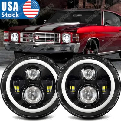 Pair 7INCH Round Led Halo Headlights HI/LO For Chevy Chevelle 1971 1972 1973 - Image 1 of 4