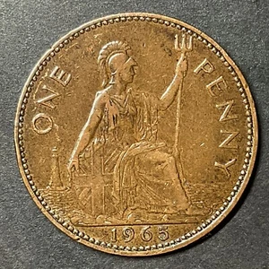 1965 Gran Bretagna grande un penny bronzo regina Elisabetta II moneta estera mondiale - Foto 1 di 2