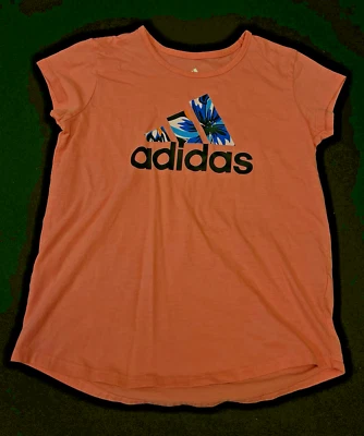 Adidas Girls Logo Floral Coral Short Sleeve T-Shirt Size M (10/12) - Image 1 of 2