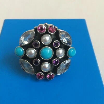 NICKY BUTLER Genuine PEARL TURQUOISE Multi GEMSTONES STERLING SILVER RING 6 MG - Image 1 of 3