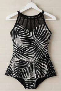 Vestido de baño Alisha Levin talla 12 negro estampado de palma traje de baño de una pieza con falda de malla - Imagen 1 de 5