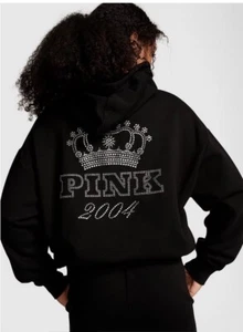 VICTORIA SECREt PINK FULL ZIP HOODIE PURE BLACK BLING IN LIMITED EDITION XXL ❤️ - Picture 1 of 5