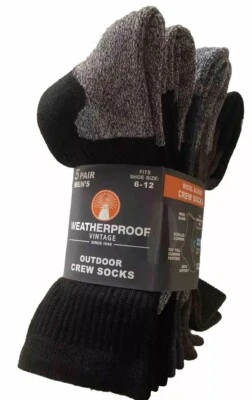 Weatherproof Vintage Men's Outdoor Crew Socks Shoe Size 6/12 Black Color 5 Pair - Image 1 of 3