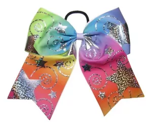 NEU "RAINBOW SILVER STARS" Cheer Bow Pferdeschwanz 3" Band Haarschleifen Cheerleading - Bild 1 von 1