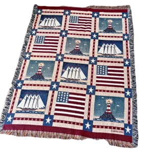 VTG Warren Kimble Lighthouse Nautical Americana Throw Blanket USA Flag Sailboat - Picture 1 of 8
