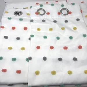 Set 2 White Grommet Curtain Panels With Colorful Pom Pom Dots 50” X 63” - Picture 1 of 4