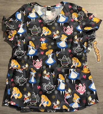 Cherokee Alice In Wonderland Scrubs Tooniforms Disney V Neck L Top  NWT - Image 1 of 3