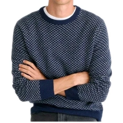 Suéter de Lana Merino Resistente J Crew Hombres M Azul Marino Ojo de Pájaro Tejido Preppy Cuello Redondo Esquí Foto 1 de 4