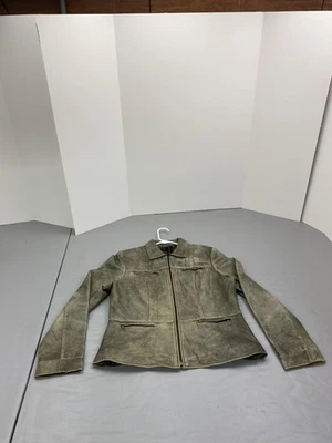 Alfani Leather Jacket Womens Large Olive Green Zip Front Lined Pockets Collared - Image 1 of 4