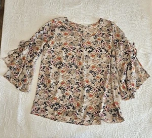 Liberty Love Womens 2X Floral Blouse Top Bell Slit Sleeve Lace Up Plus Size - Picture 1 of 10