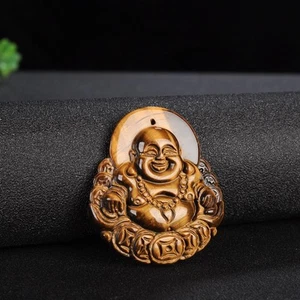 Money Buddha Pendant Tiger Eyed Stone Maitreya Smiling Buddha Jade Pendant - Picture 1 of 1