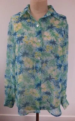 Blusa Top Camisa Top Impresiones Botones De Colección Talla S Mangas Largas Floral Azul Transparente Foto 1 de 4