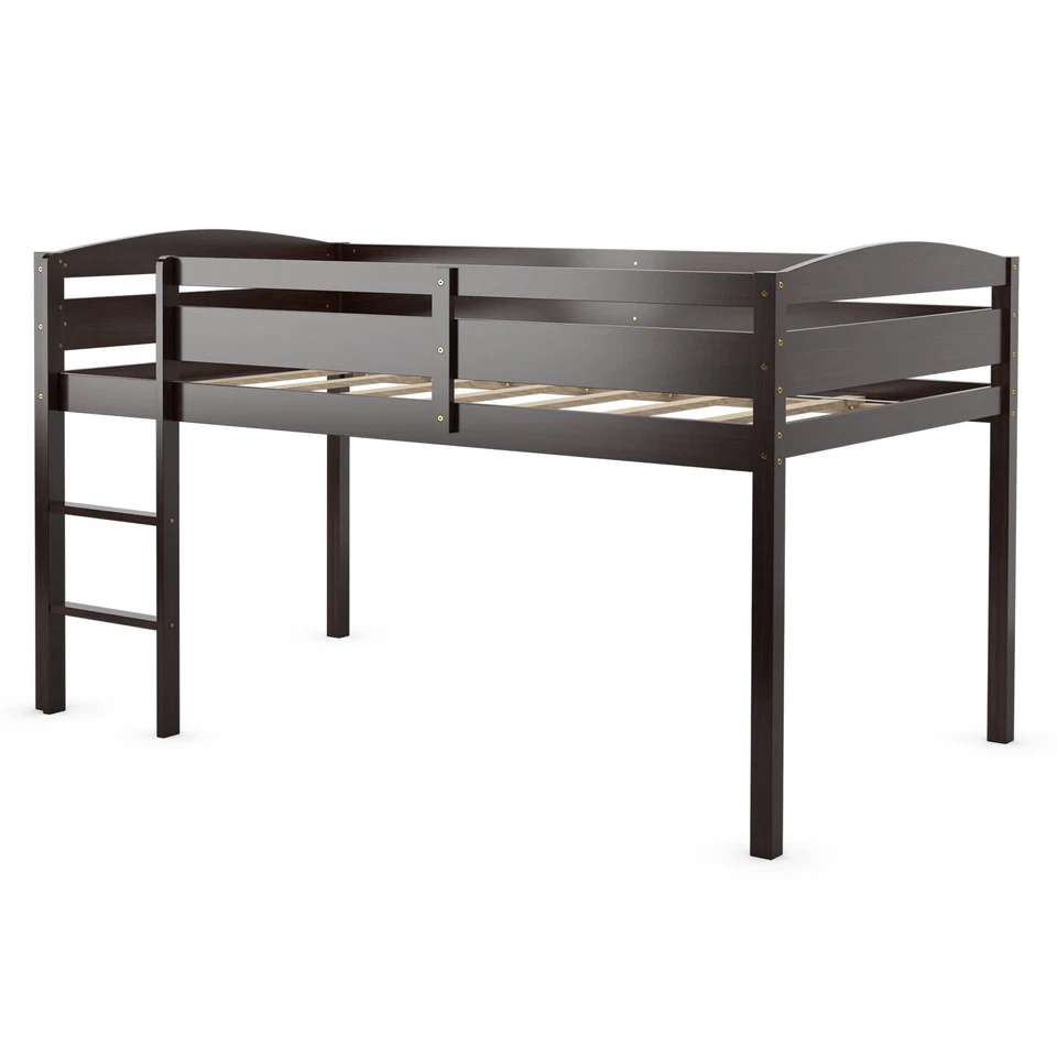 Giantex Espresso Twin Low Loft Bunk Junior Bed Bedroom Wooden Guard Rail Ladder