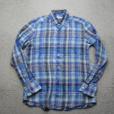 Ermenegildo Zegna Shirt Mens Small Blue Plaid Linen Cotton Long Sleeve Button Up - Image 1 of 4