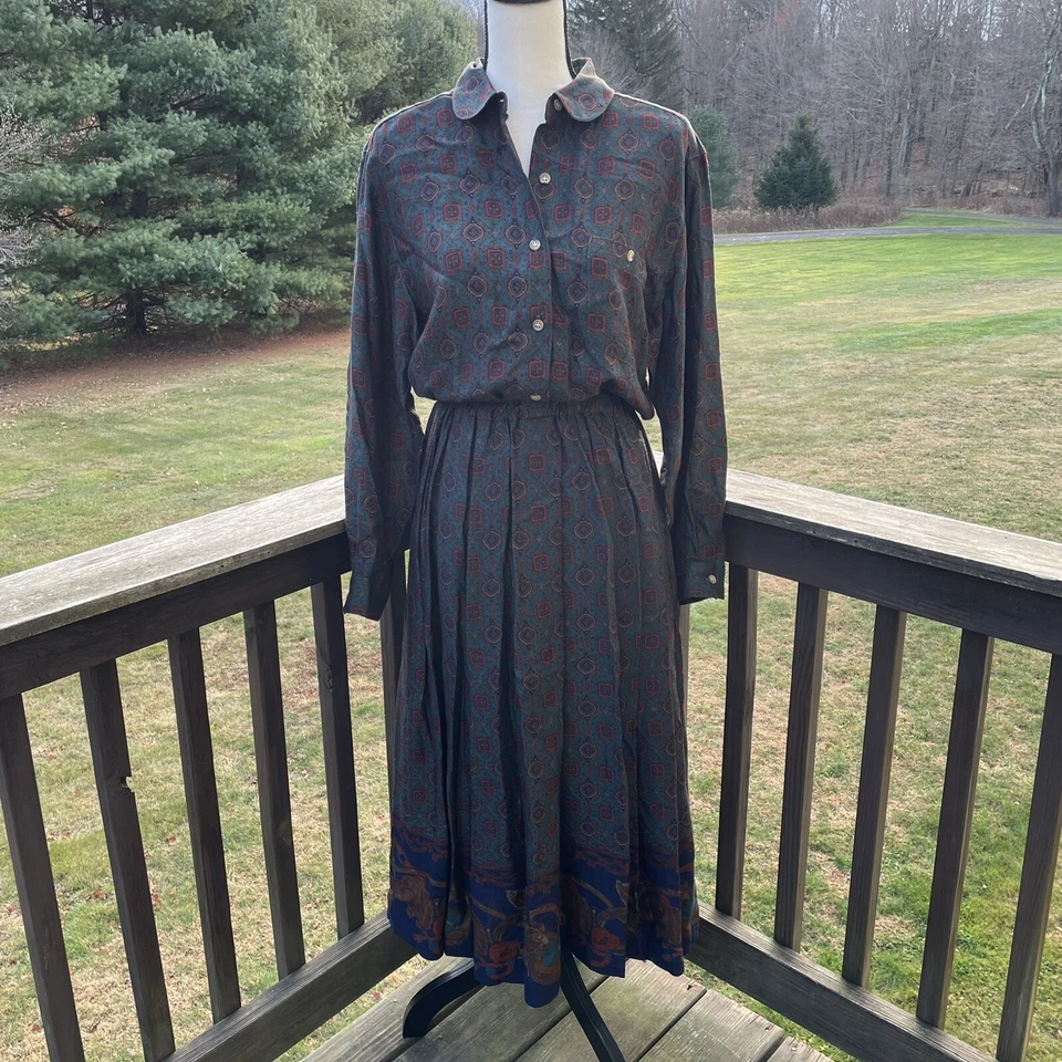 LANDS END Dress Maxi Modest Geometric Baroque Dogs Equestrian Autumn 90s Vtg 12 - Image 1 of 4