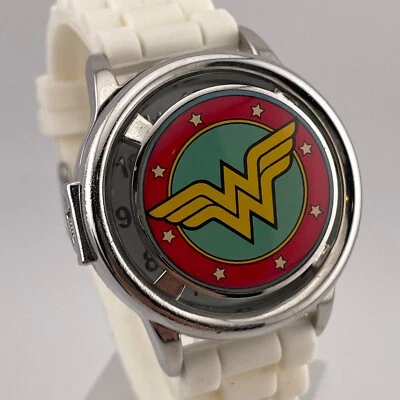 Wonder Woman Watch Womens Flip Up DC Comics 40mm Case White Rubber Band In Box - Image 1 of 4