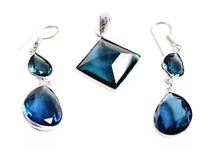 Argento Massiccio 925 London Topazio Gemma Mano Ciondolo Orecchini Regalo Per Da - Foto 1 di 6
