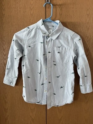 Carter's Blue Stripe Oxford Button Up Shirt Boys Size 7 Dinosaur Long Sleeve - Image 1 of 4