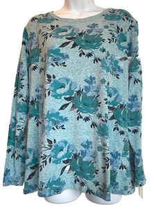 Women’s 1X North Crest Blue Floral Long Sleeve T Shirt - Picture 1 of 7