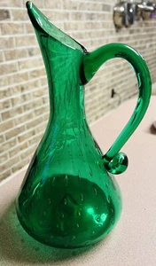 MID CENTURY RAINBOW BUBBLED GLASS PITCHER EMERALD GREEN - Picture 1 of 8
