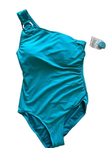 NEW NWT Michael Kors one 1 pc swim suit asymmetric tank 14 rem pads lined aqua - Picture 1 of 5