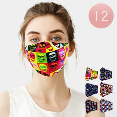 12 Pack Face Mask Funky Colorful Skulls Print Reusable Washable Protection Cover - Image 1 of 2
