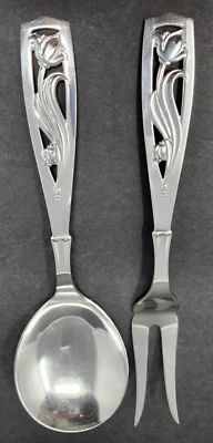 Tulip Silver Serving Spoon + Fork SMR Denmark MCM Jensen Vintage Style - Image 1 of 4