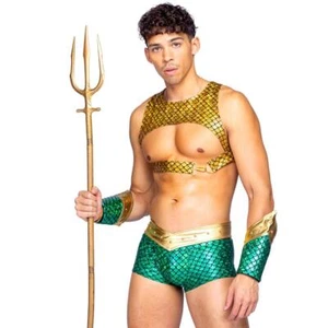 Aquaman Costume Scale Print Harness Crop Top Shorts Studded Belt Gauntlets 6365 - Picture 1 of 6