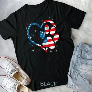 American Flag Patriotic Dog & Cat Paw Print - 4th Of July T-Shirt Unisex T-shirt - Picture 1 of 11