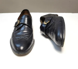 SALVATORE FERRAGAMO Leather Wing Tip Monk Strap Shoes Men 11.5 Black ITALY MADE - Picture 1 of 9