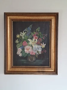 Framed Original Oil Painting Still Life Flowers In A Vase Gold Tone - Picture 1 of 12