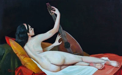 Pintura a óleo original em papel 8x12 pol./21x29,7 cm feminina nua assinada 2025 - Imagem 1 de 4