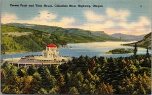 Cartolina CROWN POINT e VISTA HOUSE Columbia River Highway OREGON lino c1948 - Foto 1 di 2