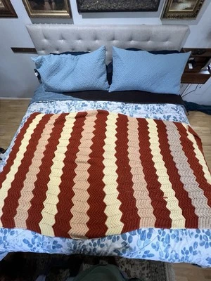 Vintage Crochet Afghan – 71x41 Zig Zag Throw – 70s Colors – Minor Flaw - Image 1 of 4