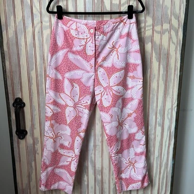 Calça cropped Lilly Pulitzer tropical preppy rosa hibisco floral algodão tamanho 6 - Imagem 1 de 4