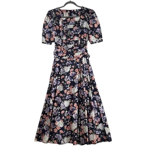 Laura Ashley Floral Dress Size 10 Navy Pink Milkmaid Cottagecore Tea 80s Vintage - Picture 1 of 22