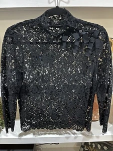 J. Crew Black Long Sleeve Ruffle Mock Neck Lace Sheer Blouse Top Size 2 - Picture 1 of 4