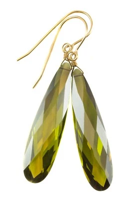 14k Gold Cubic Zirconia Earrings Green Peridot CZ Long Large 2 " drop Sterling - Image 1 of 4