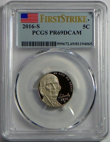 2016-S Proof Jefferson Nickel PCGS PR69DCAM  FIRST STRIKE Cover