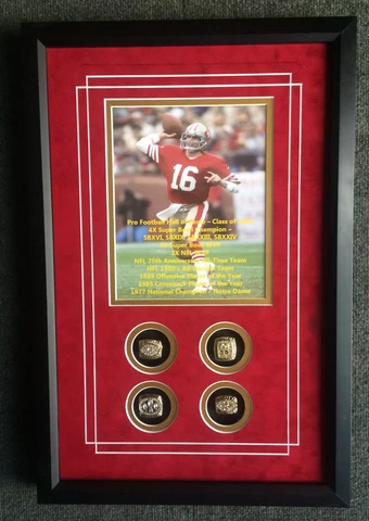 Joe Montana 49ers Framed 8x10 Stat Photo Commemorative w-Replica Ring Cover