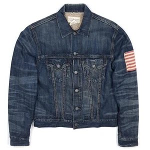 Ralph Lauren Sherpa Denim Giacca Piccolo Uomo USA Bandiera Camionista Blu Denim Fornitura - Foto 1 di 23